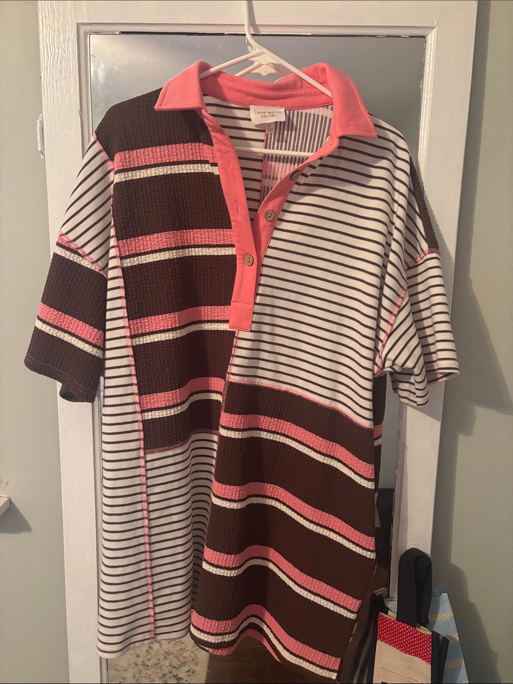 Striped Polo Tunic Dress in Brown, White & Pink